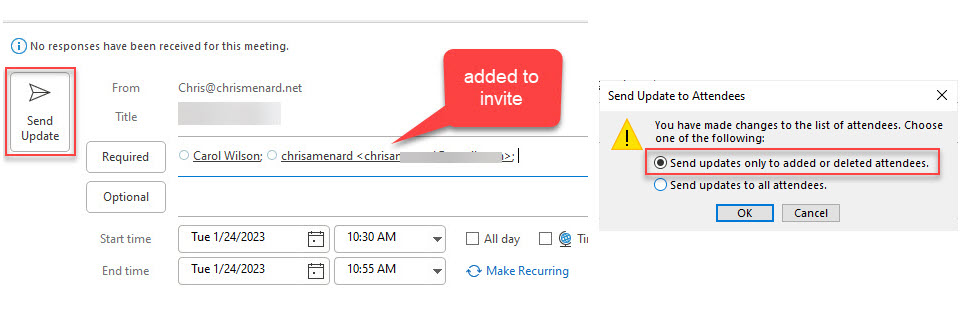Outlook - Send update to added or deleted attendees