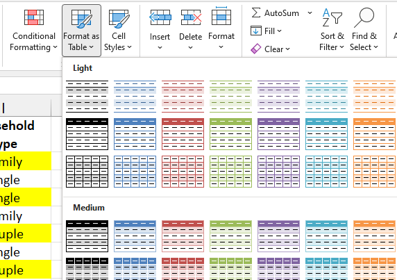 Format as Table in Excel - Shade every other row