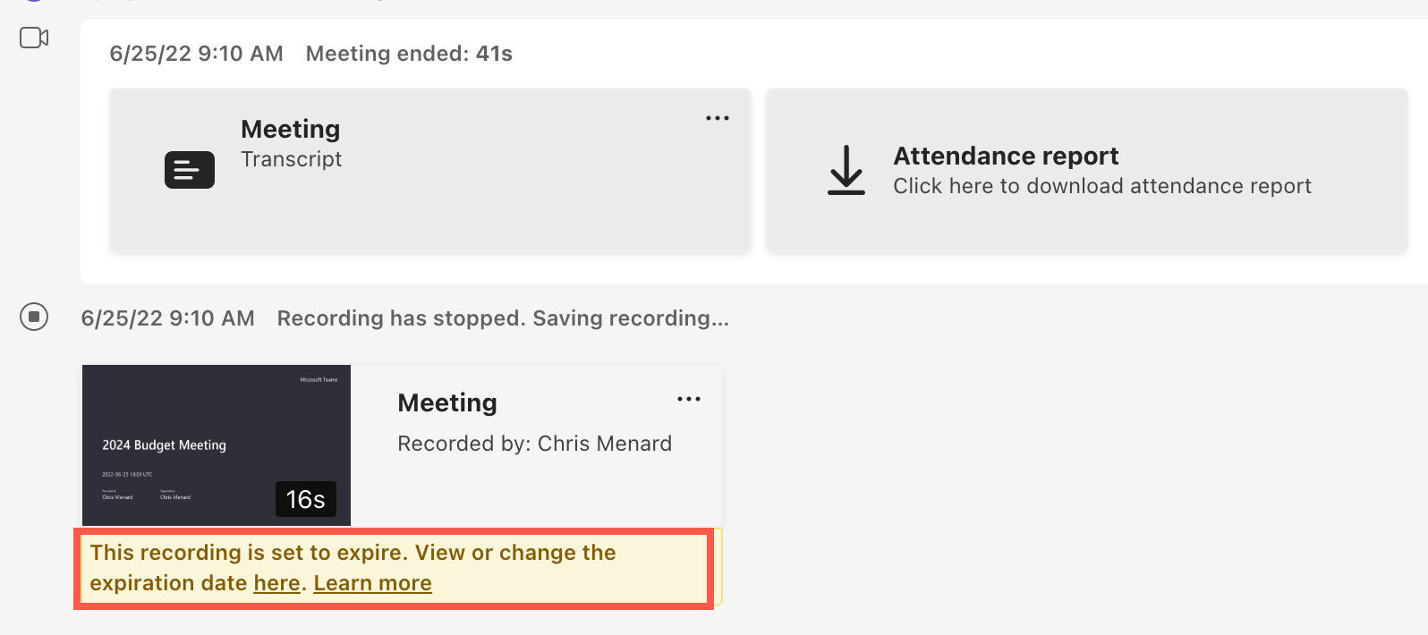 Teams Meeting Recordings set to expire