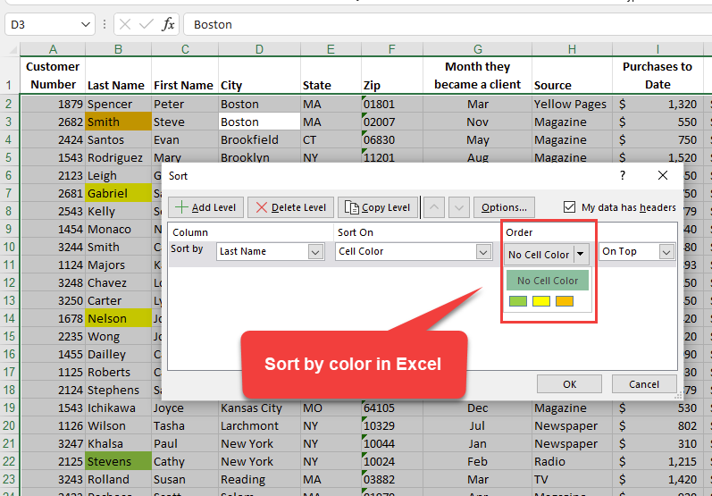 Excel sort by color - select the color