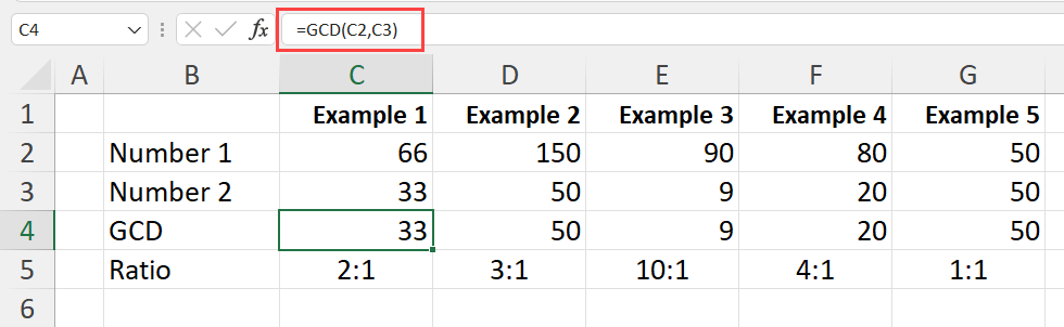 GCD Function in Excel