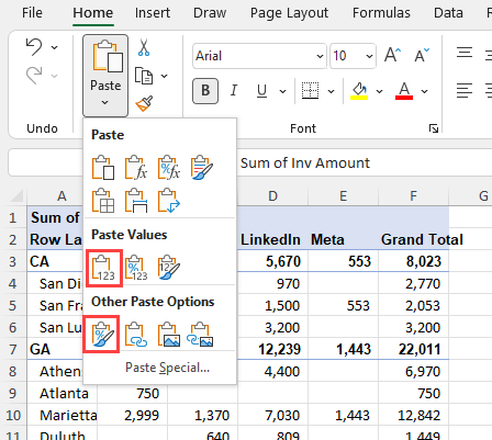 Paste Values and Paste Formats