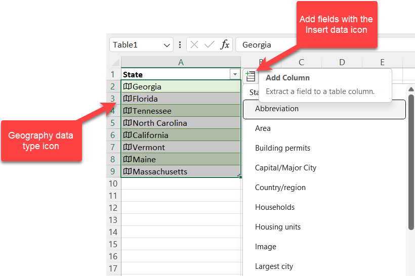 Geography Data Type in Excel - Insert icon for fields