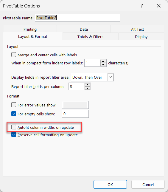 PivotTable Options - Autofit column widths on update