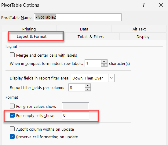 PivotTable - For empty cells show