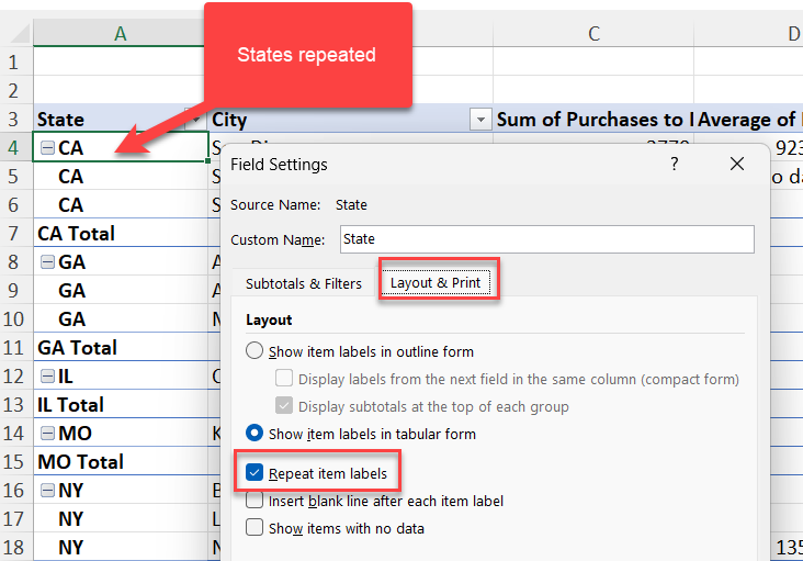 Repeat item labels in PivotTables