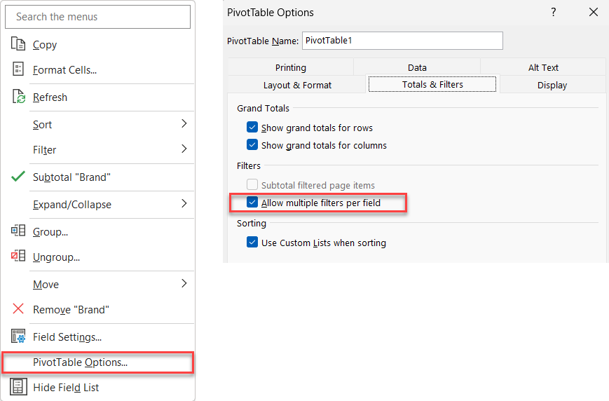 PivotTable Options - Allow multiple filters per field