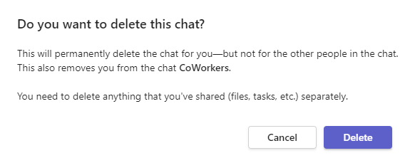 Teams Delete chat confirmation box