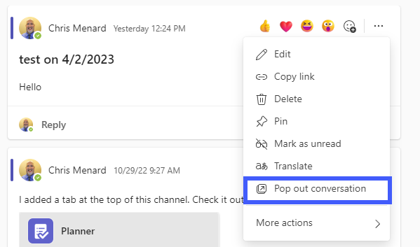 Pop out conversation in channel post - new Teams