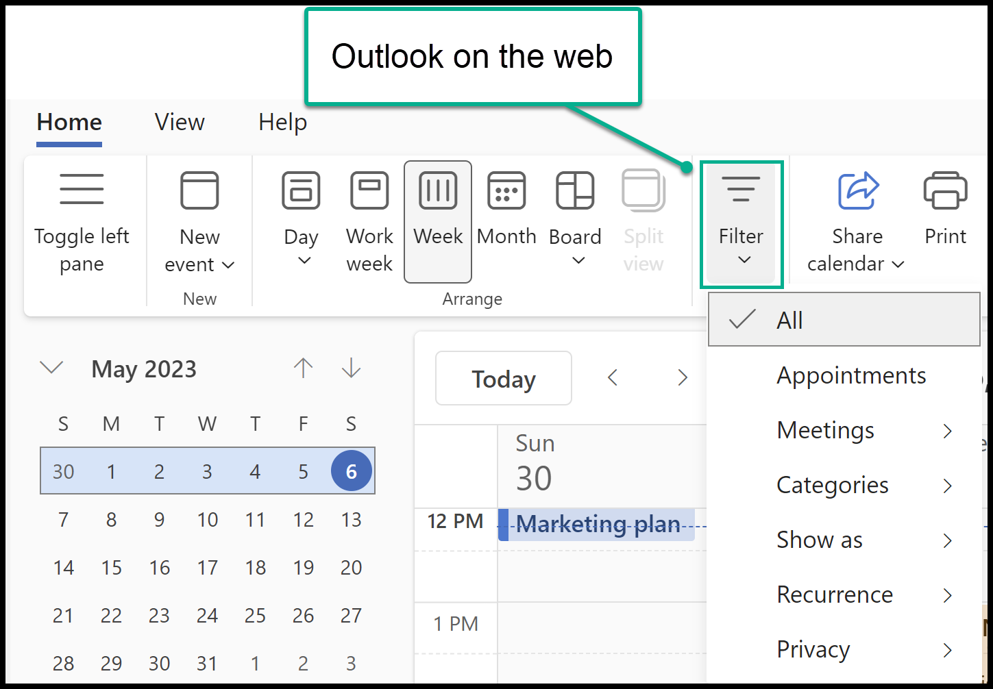 Outlook on the web - Filter Calendar items