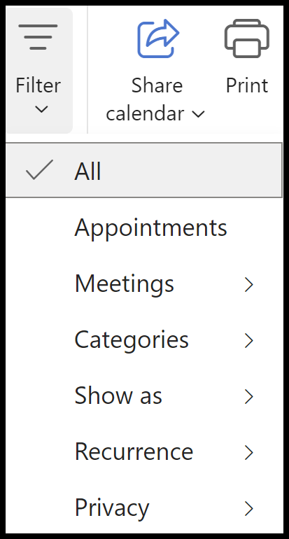 Filter calendar items using Outlook on the web