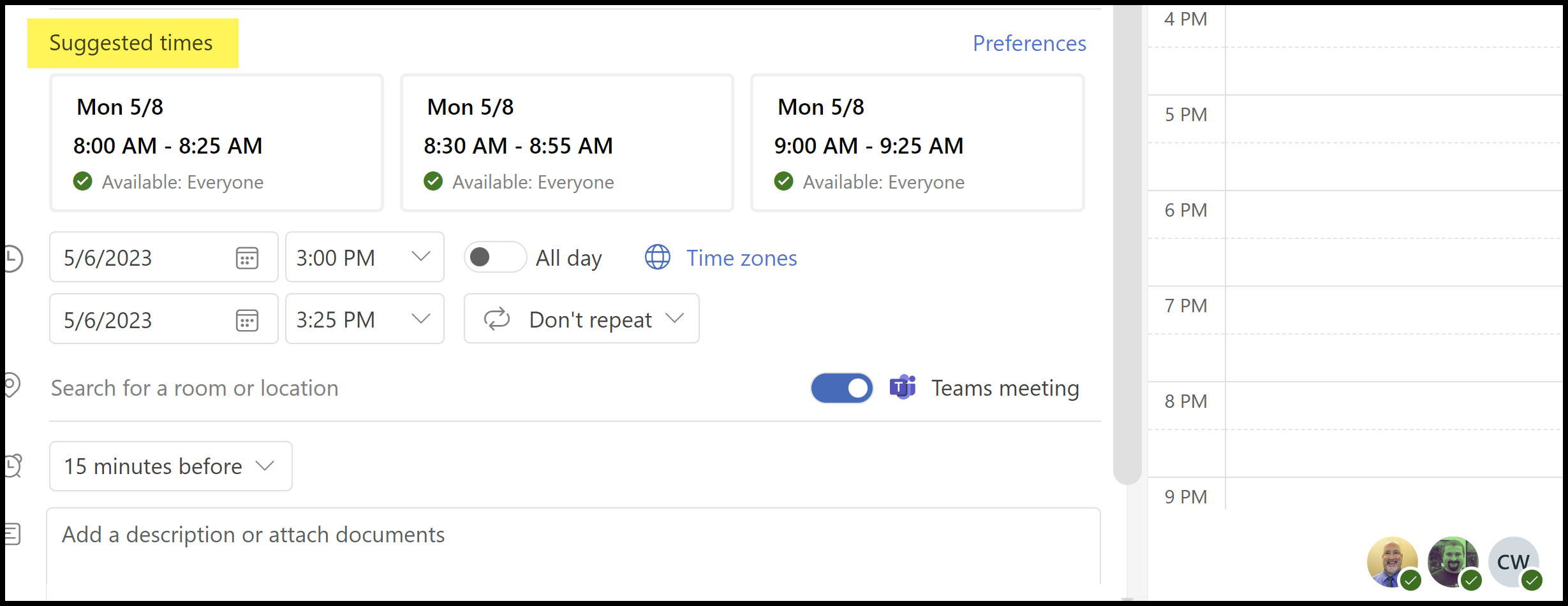 Suggested Times in Outlook on the web