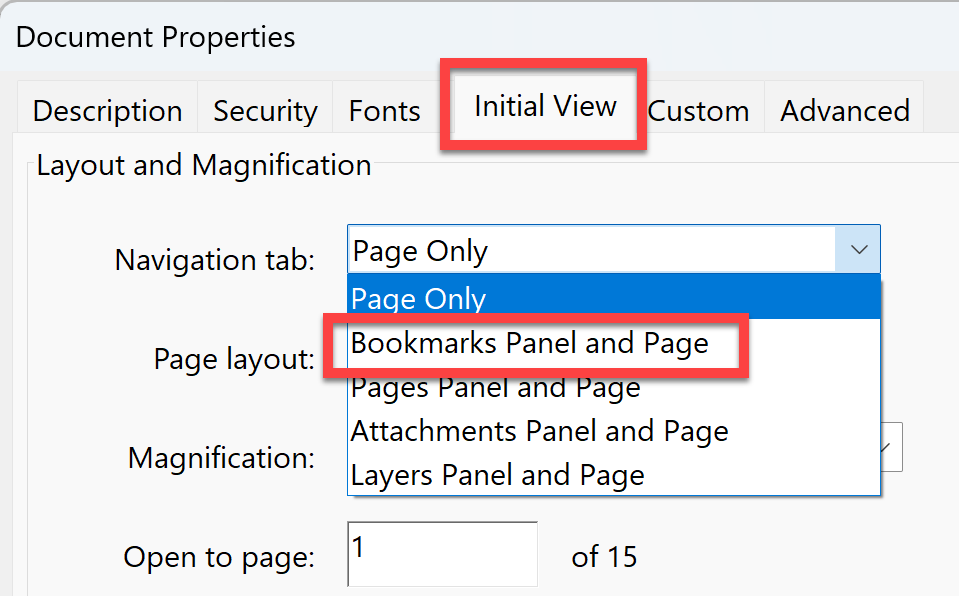 Initial View - Bookmarks Panel and Page