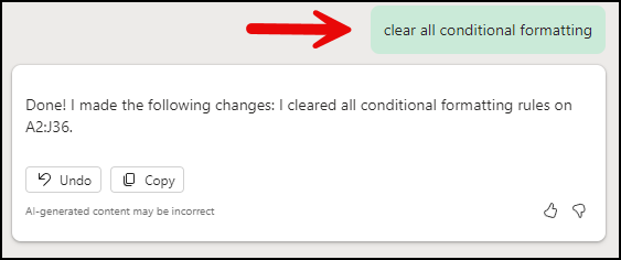 Copilot in Excel - Clear conditional formatting