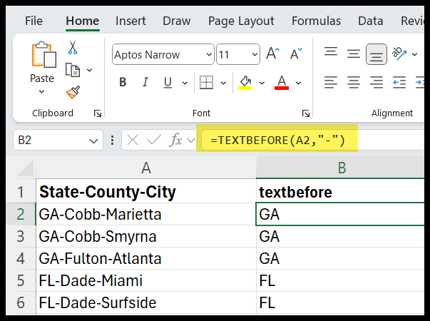 TEXTBEFORE function in Excel