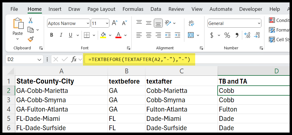TEXTBEFORE with TEXTAFTER in Excel