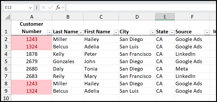 Duplicate Values applied to cells A2 to A9