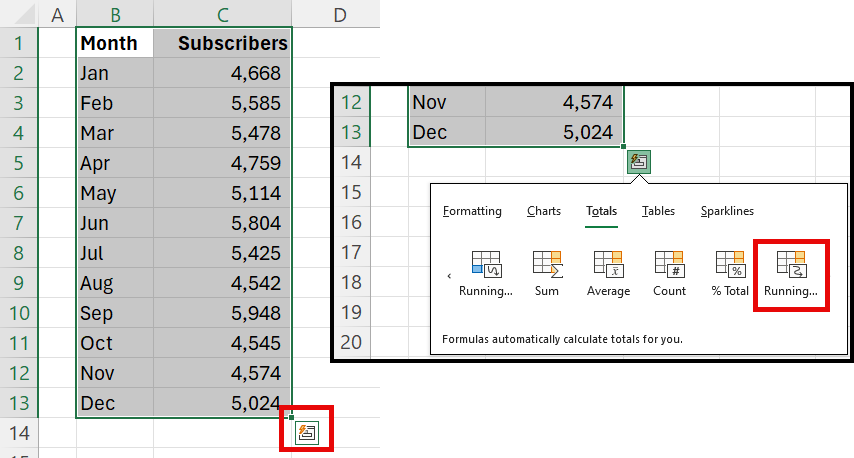 Excel Quick Analysis for Running Totals