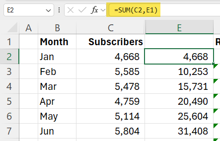 Excel running total with Sum function