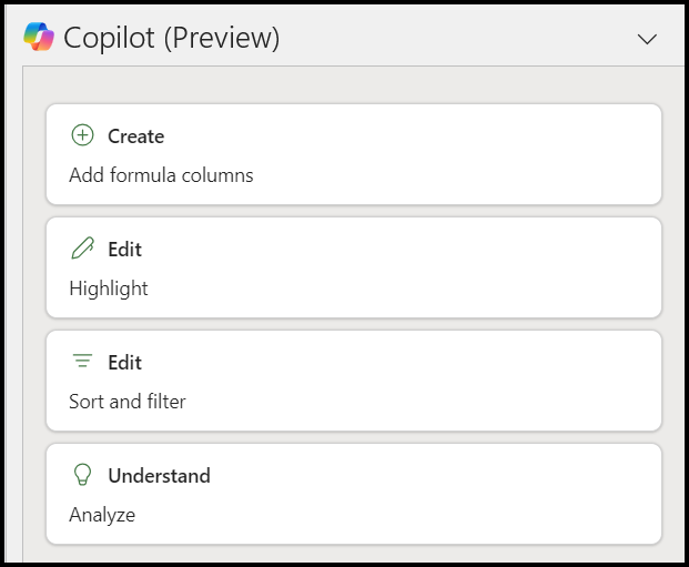 Copilot features in Excel
