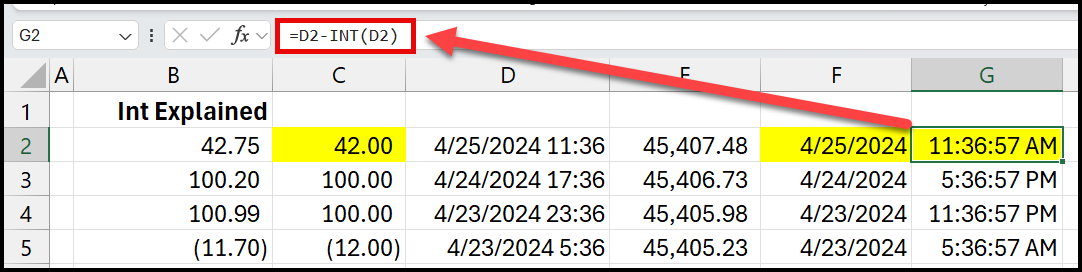 Split date and time in Excel - time is in cell G2