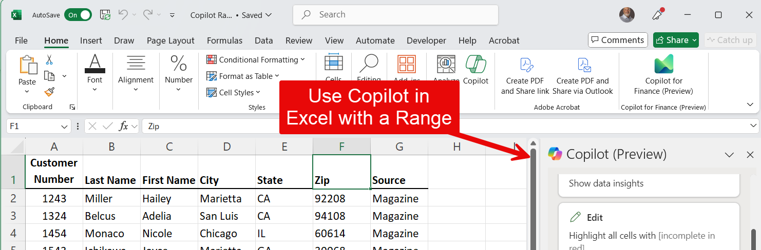 Copilot in Excel now works with Ranges