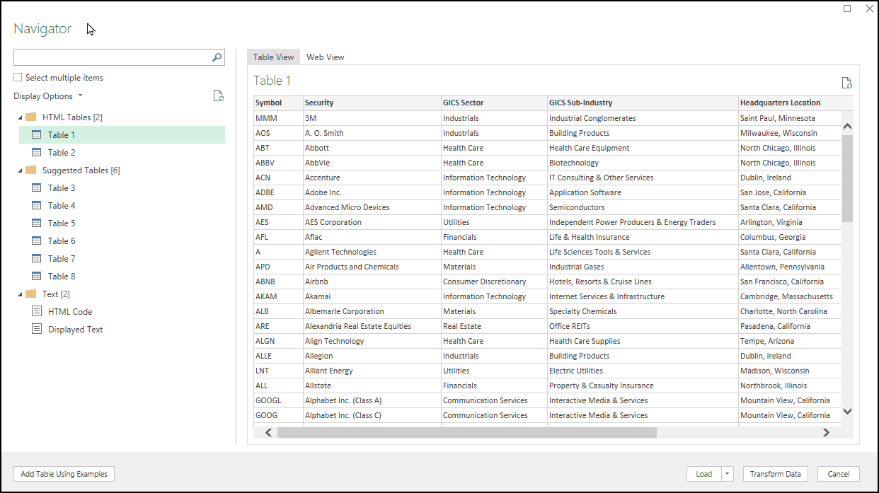 Tables from Web - Excel Data from Web