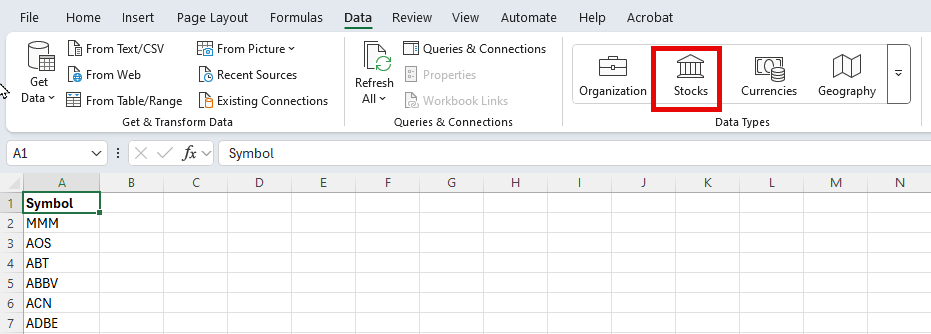 Stock Data Type in Excel