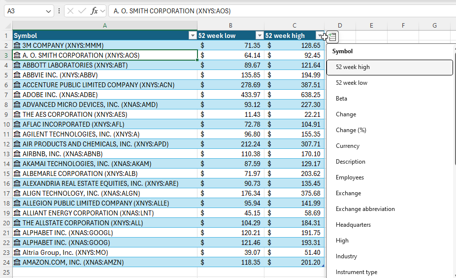 Use the Stock Data Type fields in Excel