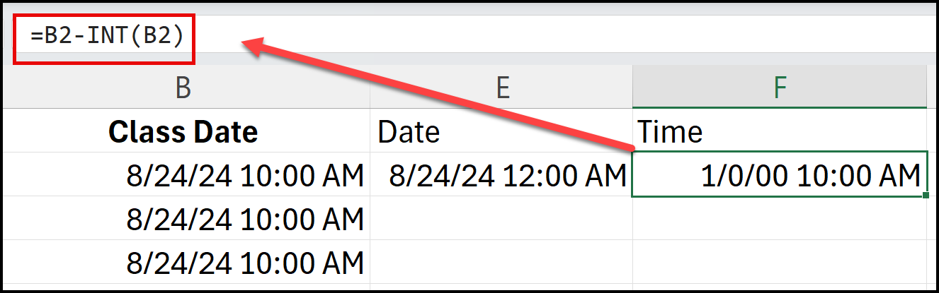 Excel INT Function to separate date and time