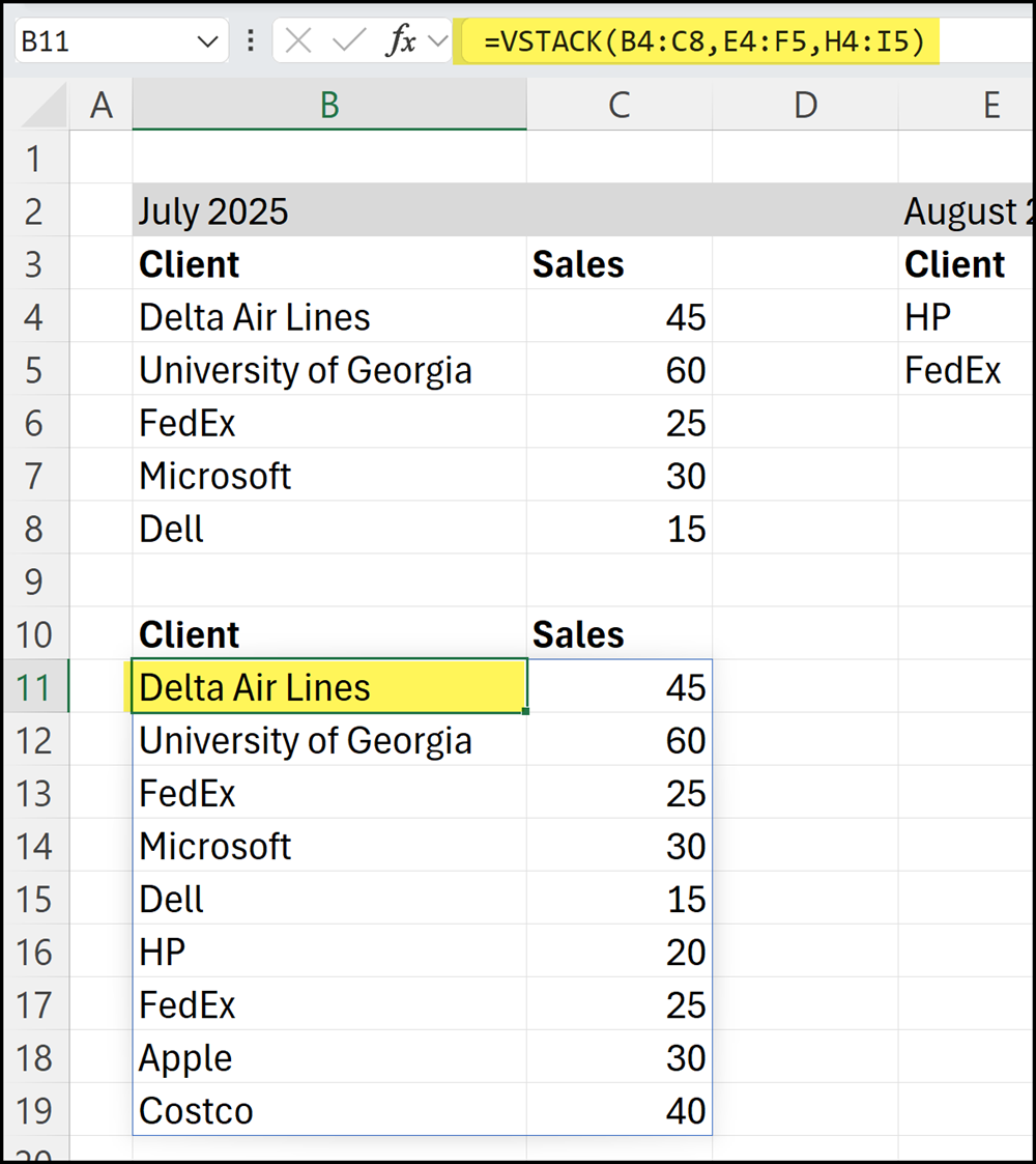 VSTACK function in Excel