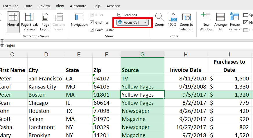 Focus Cell in Excel