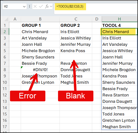 TOCOL Function - Ignore blanks and errors