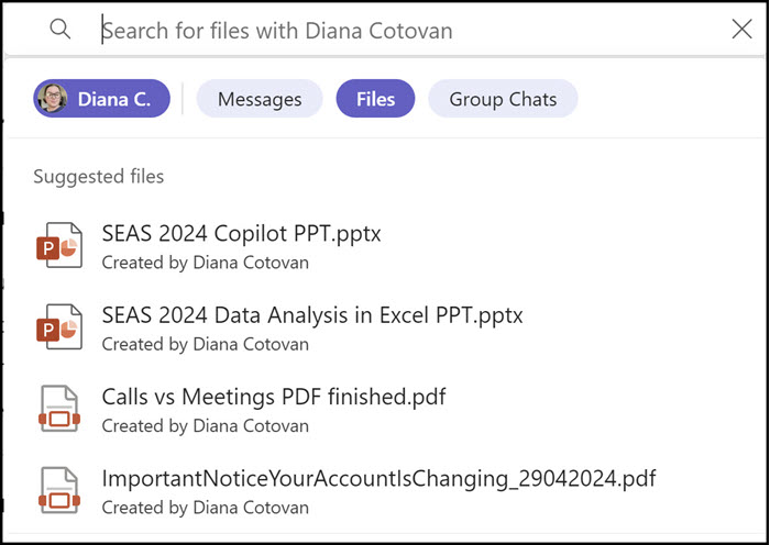 Teams Improved People Search - Diana selected and Files