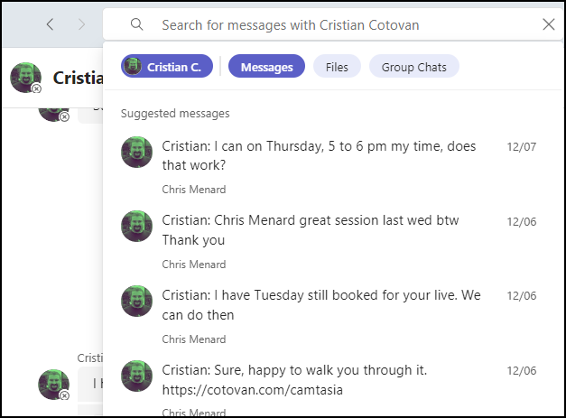 Cristian and Messages selected in New Improved Search