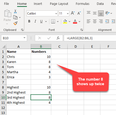 LARGE Function with duplicate numbers