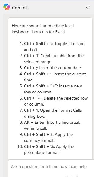 Copilot In Excel - Intermediate Keyboard Shortcuts