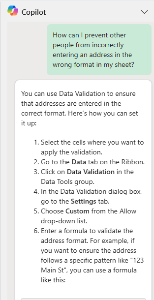 Copilot in Excel - Steps for Data Validation