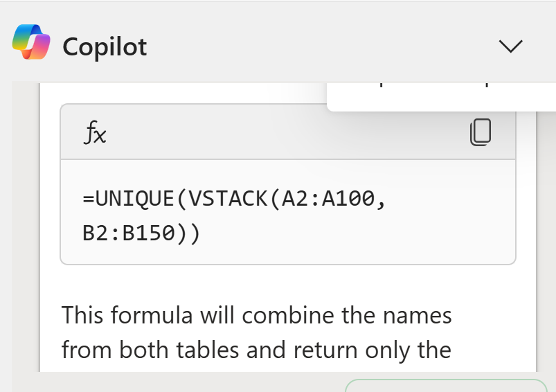 Copilot in Excel - Returns UNIQUE and VSTACK Function