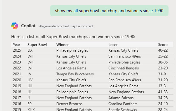 Copilot in Excel - Pull in External Data - Superbowl Winners