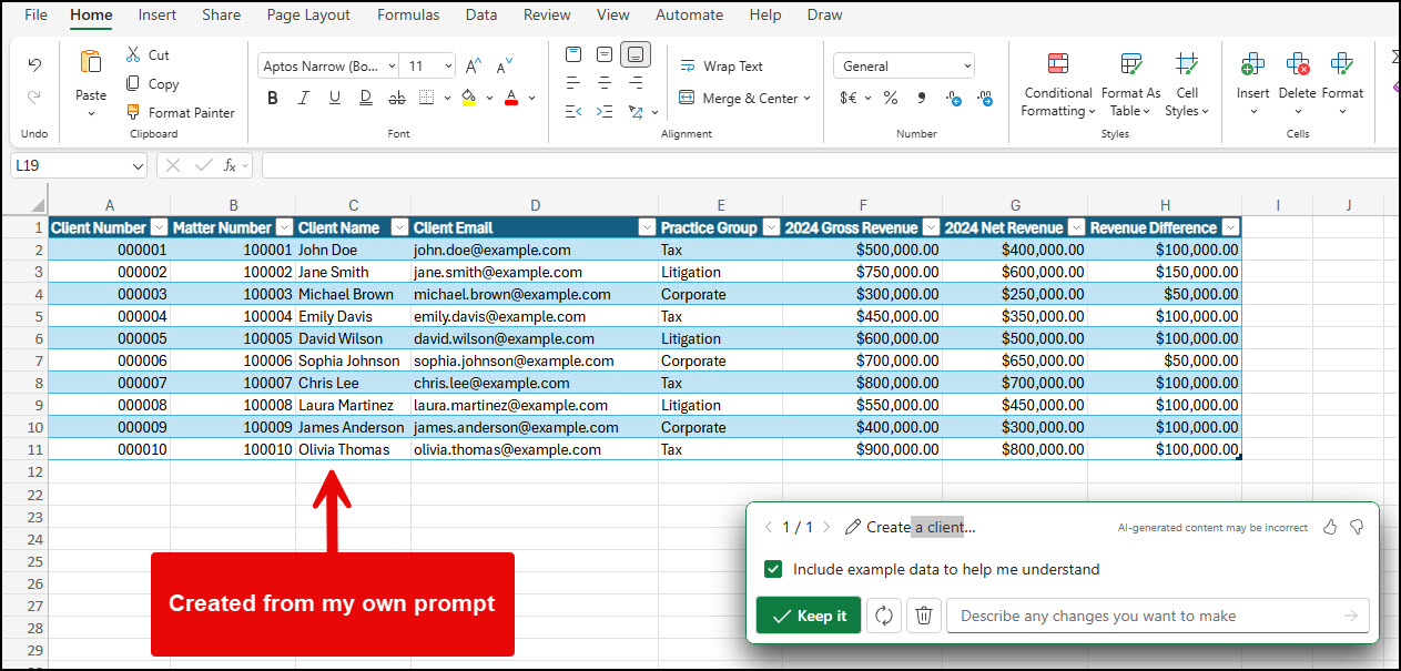 Excel worksheets created from a Copilot prompt