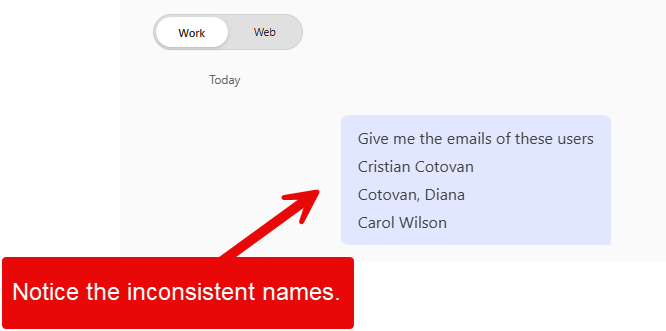 Inconsistent names to Email address with M365 Copilot