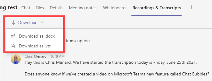 microsoft teams download transcript