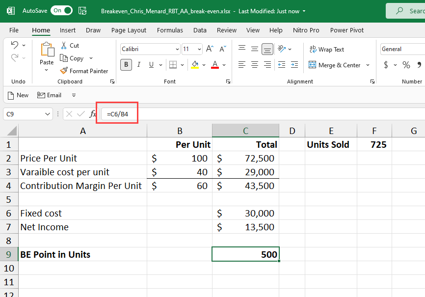 Breakeven point in units - Excel