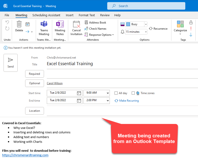 Outlook Calendar Meeting Template Chris Menard Training