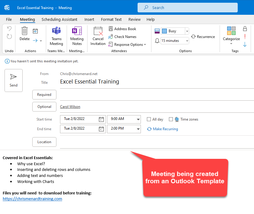 Outlook Calendar Meeting Template: Chris Menard Training