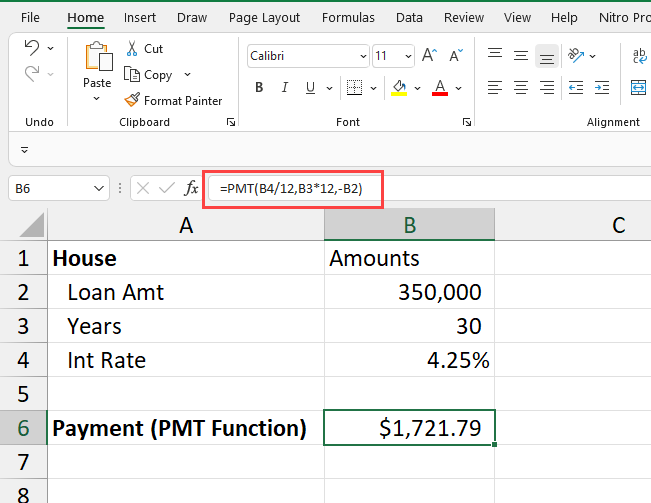 PMT function for a house loan