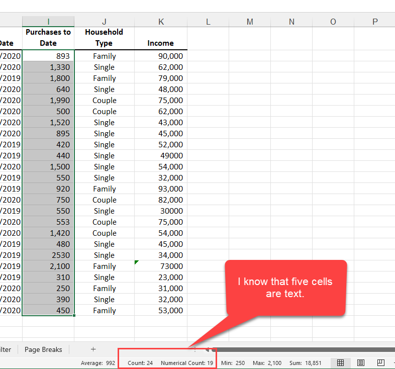 Status Bar in Excel - Count and Numerical Count