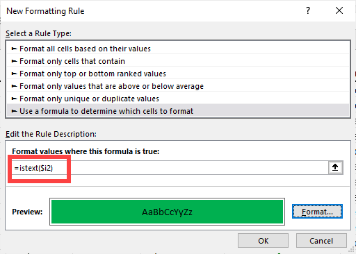 Conditional formatting - ISTEXT function