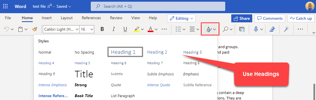 Use Headings before converting Word to PowerPoint